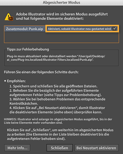 Gefundenen Fehler in Illustrator beheben